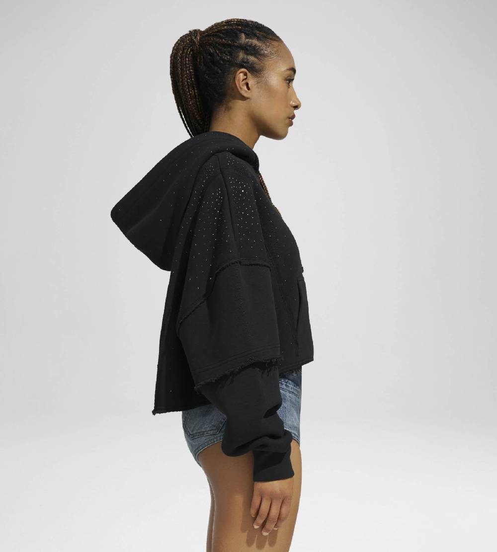Khrisjoy HOODIE CROP DOUBLE POCKETS STRASS BLACK