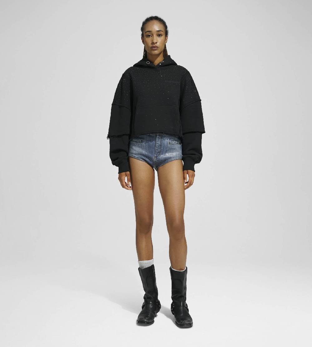 Khrisjoy HOODIE CROP DOUBLE POCKETS STRASS BLACK