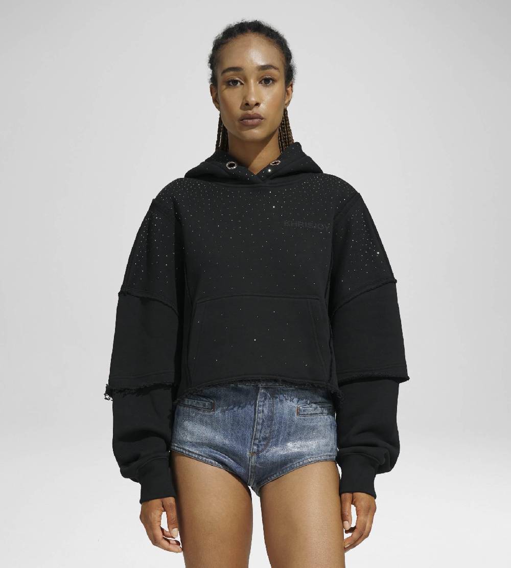 Khrisjoy HOODIE CROP DOUBLE POCKETS STRASS BLACK