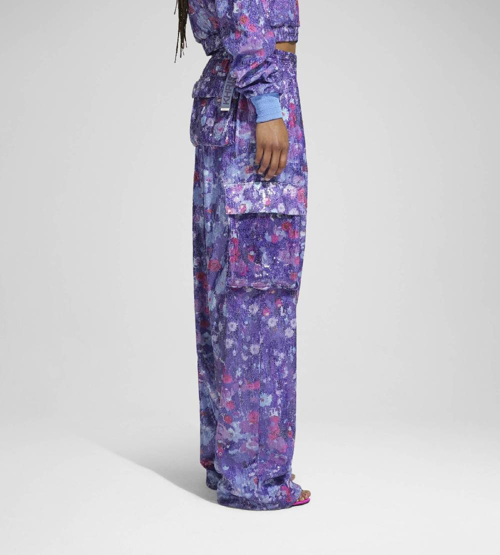 Khrisjoy PANTS MULTIPOCKET PAILLETTES FLOWERS UPSIDE DOWN GRAPE