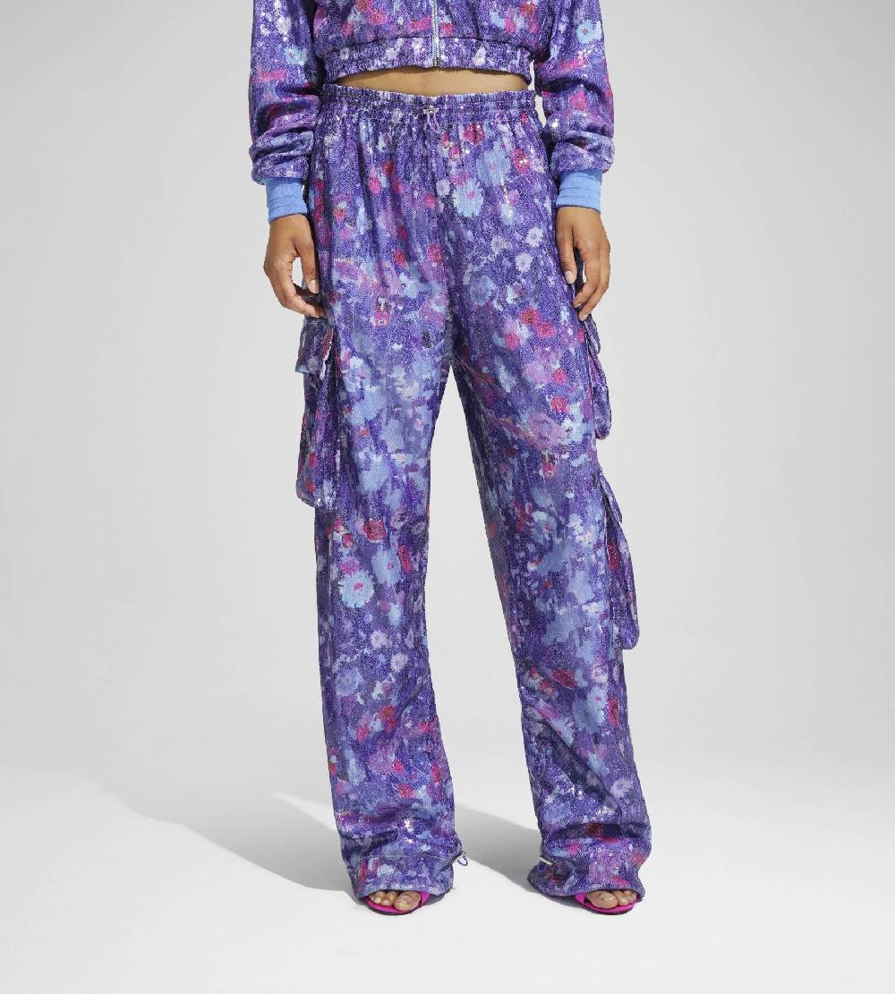 Khrisjoy PANTS MULTIPOCKET PAILLETTES FLOWERS UPSIDE DOWN GRAPE