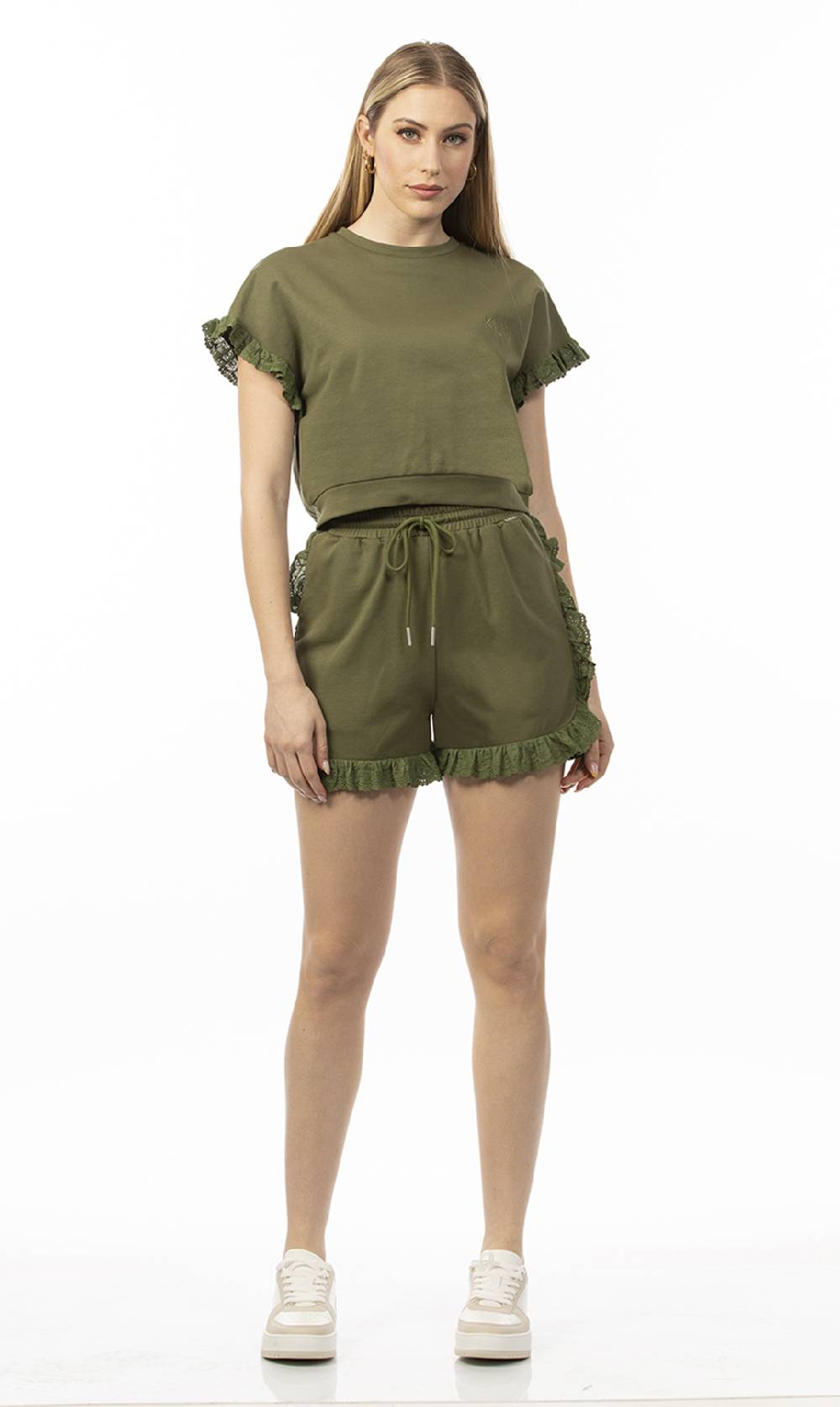 Koralline SHORTS IN FELPA CON PIZZO SANGALLO