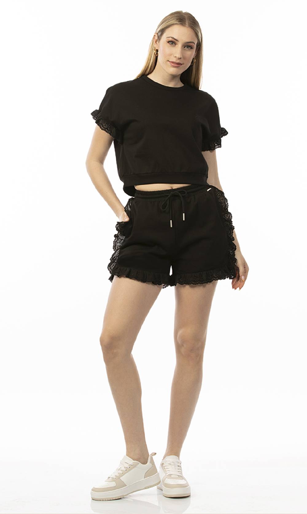 Koralline SHORTS IN FELPA CON PIZZO SANGALLO