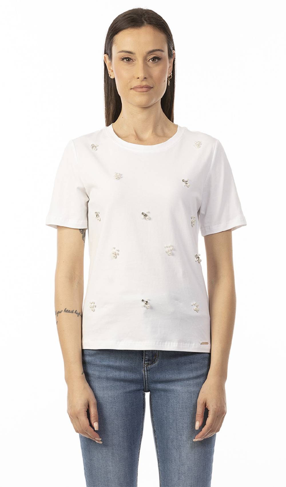 Koralline T-SHIRT CON STRASS E PERLE ALL-OVER