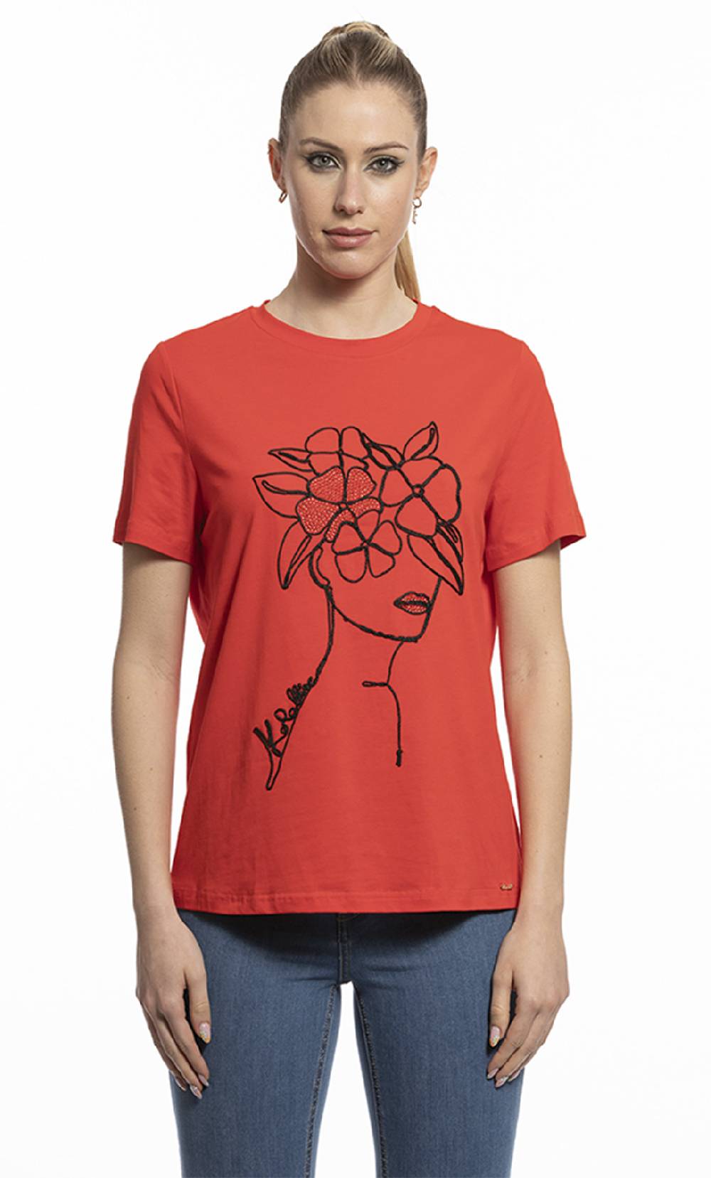 Koralline T-SHIRT CON VOLTO RICAMATO E STRASS