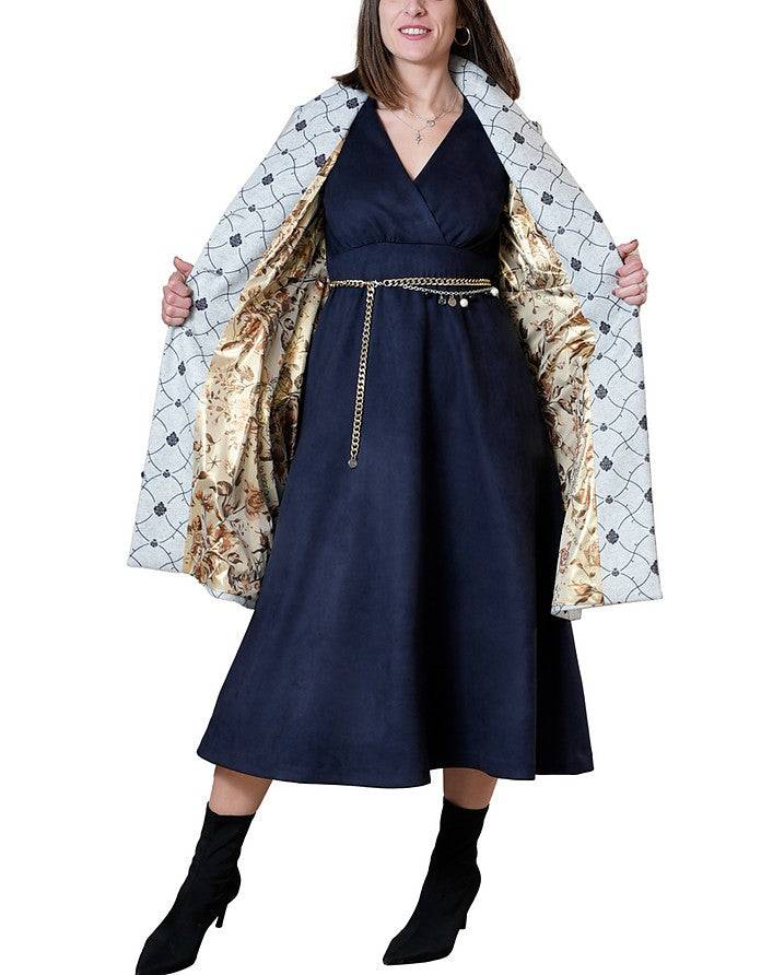 La Fabrique Mia Cappotto Svasato In Blu E Grigio Chiaro