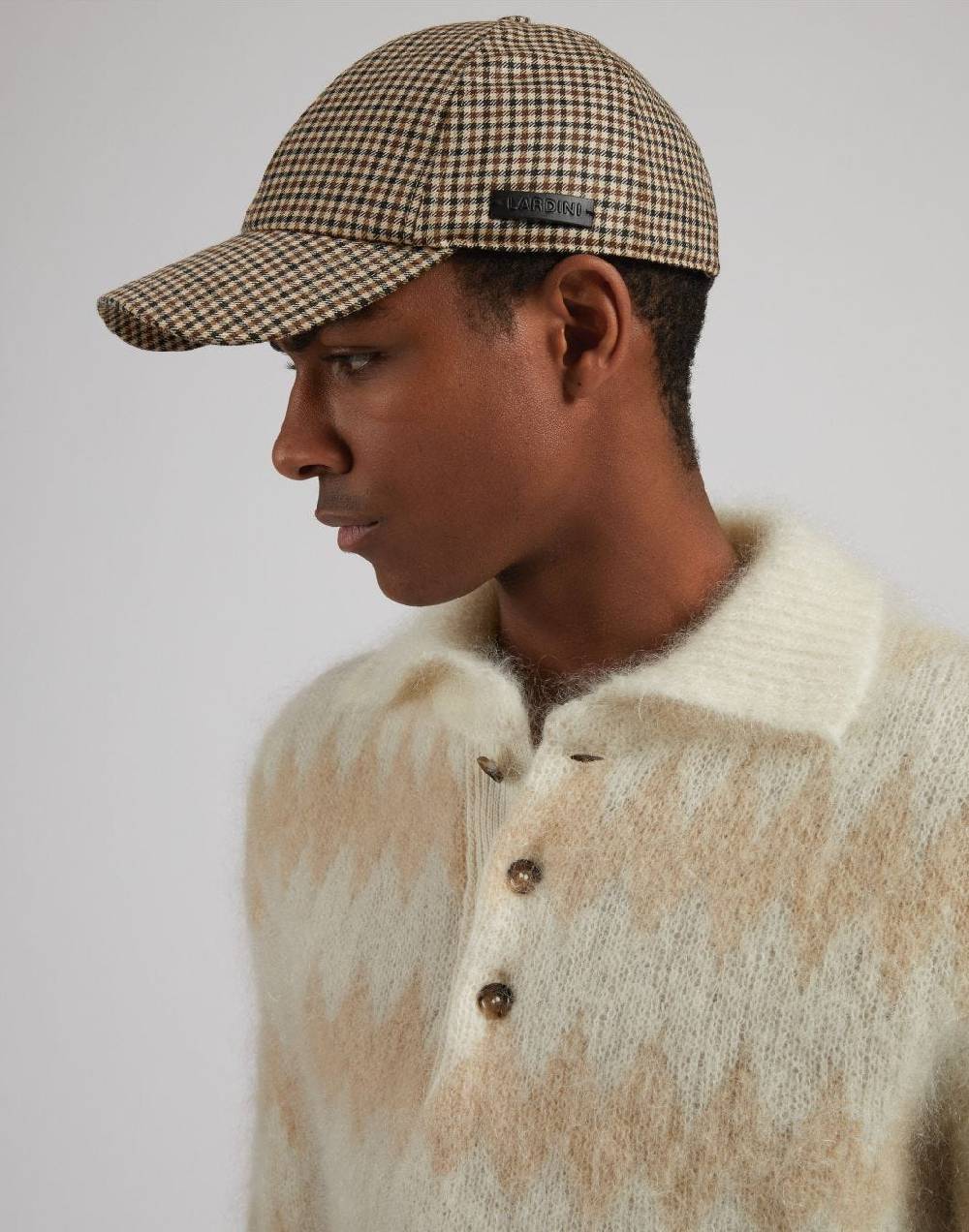 Lardini Cappello Baseball In Lana Con Disegno Damier Beige-marrone