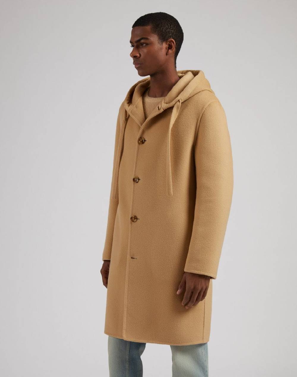 Lardini Cappotto Monopetto Beige In Lana Con Cappuccio E Coulisse