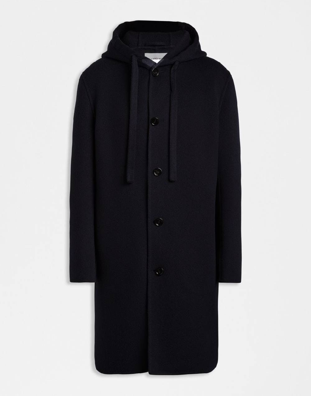 Lardini Cappotto monopetto blu in lana con cappuccio e coulisse