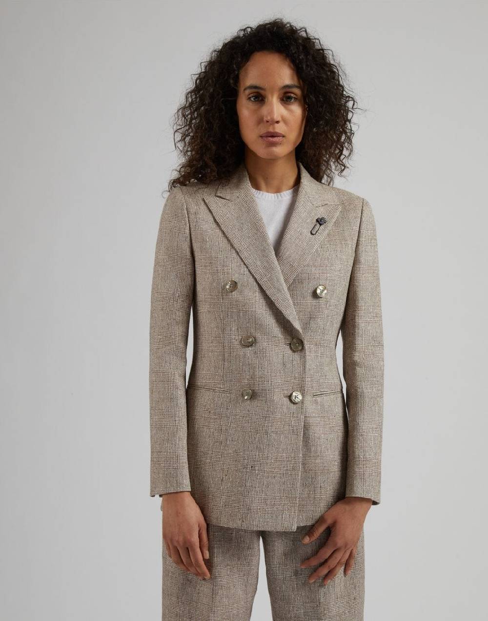 Lardini Giacca Doppiopetto In Lino Marrone Con Disegno Galles