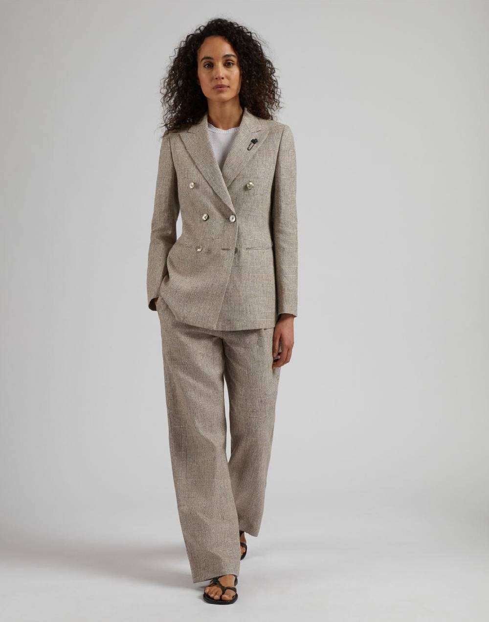 Lardini Giacca Doppiopetto In Lino Marrone Con Disegno Galles