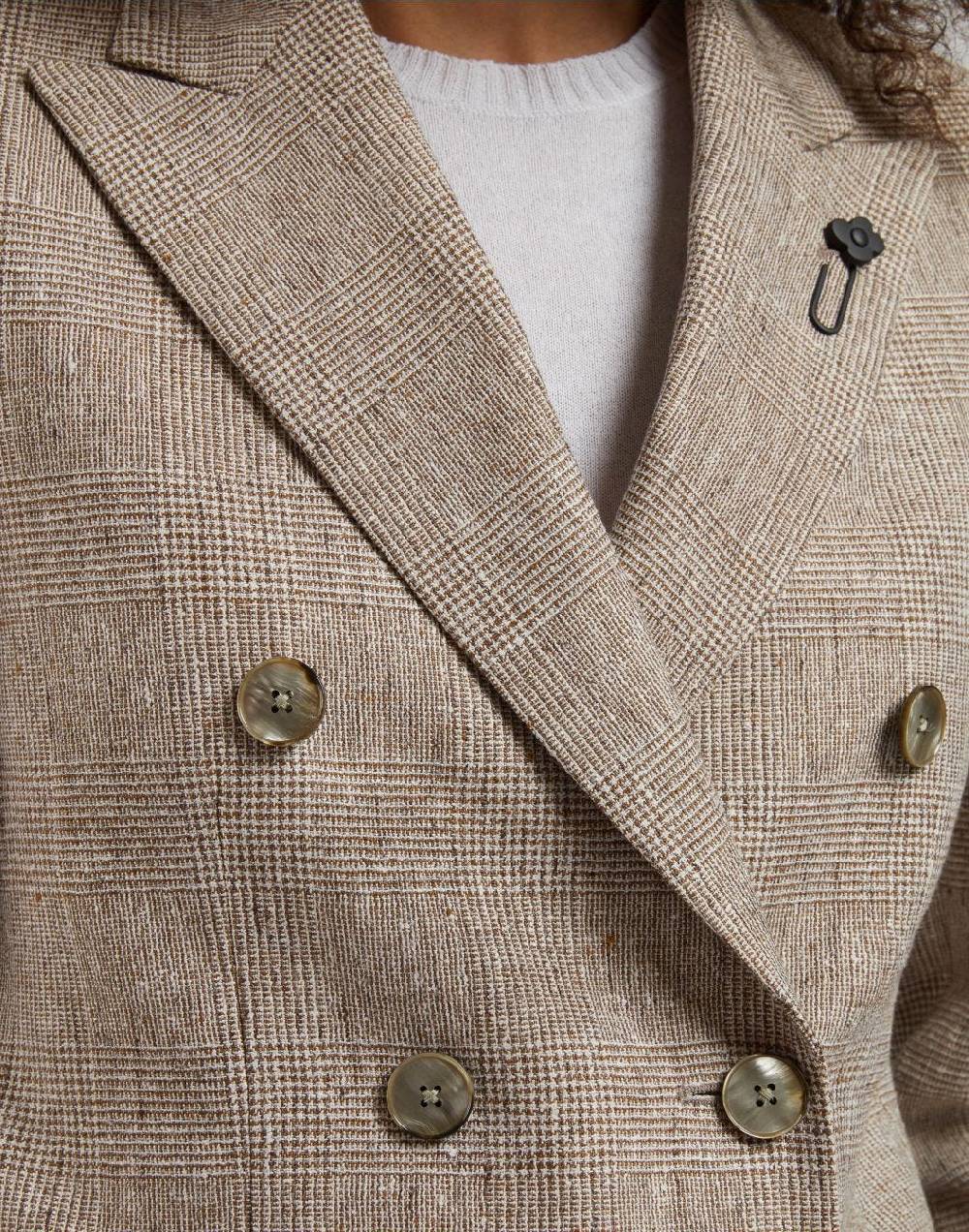 Lardini Giacca Doppiopetto In Lino Marrone Con Disegno Galles