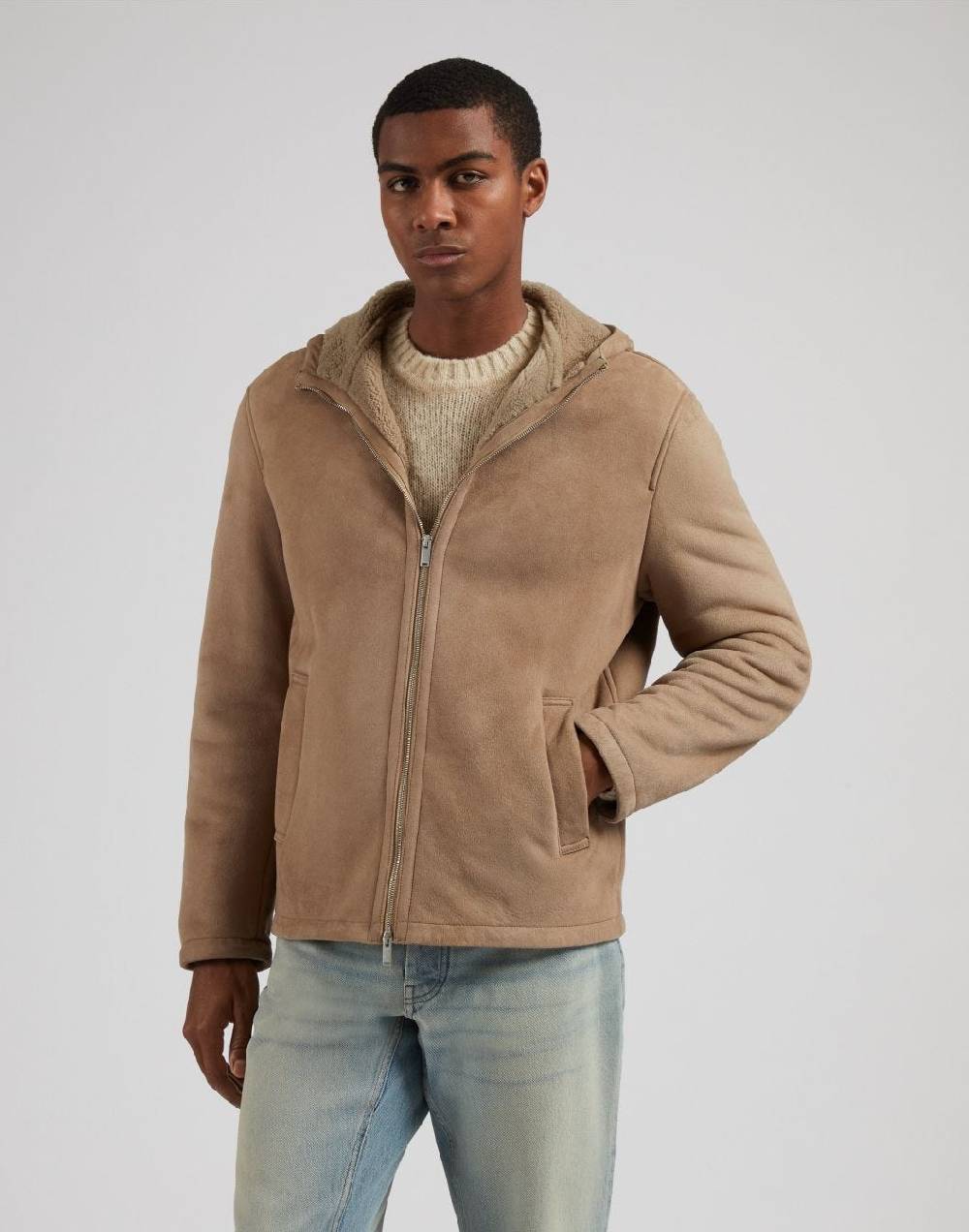 Lardini Giubbino Con Cappuccio In Pelle Di Montone Merino Nocciola