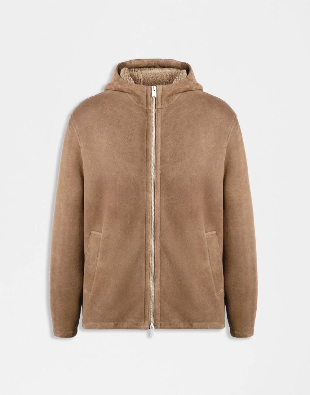 Lardini Giubbino con cappuccio in pelle di montone merino nocciola