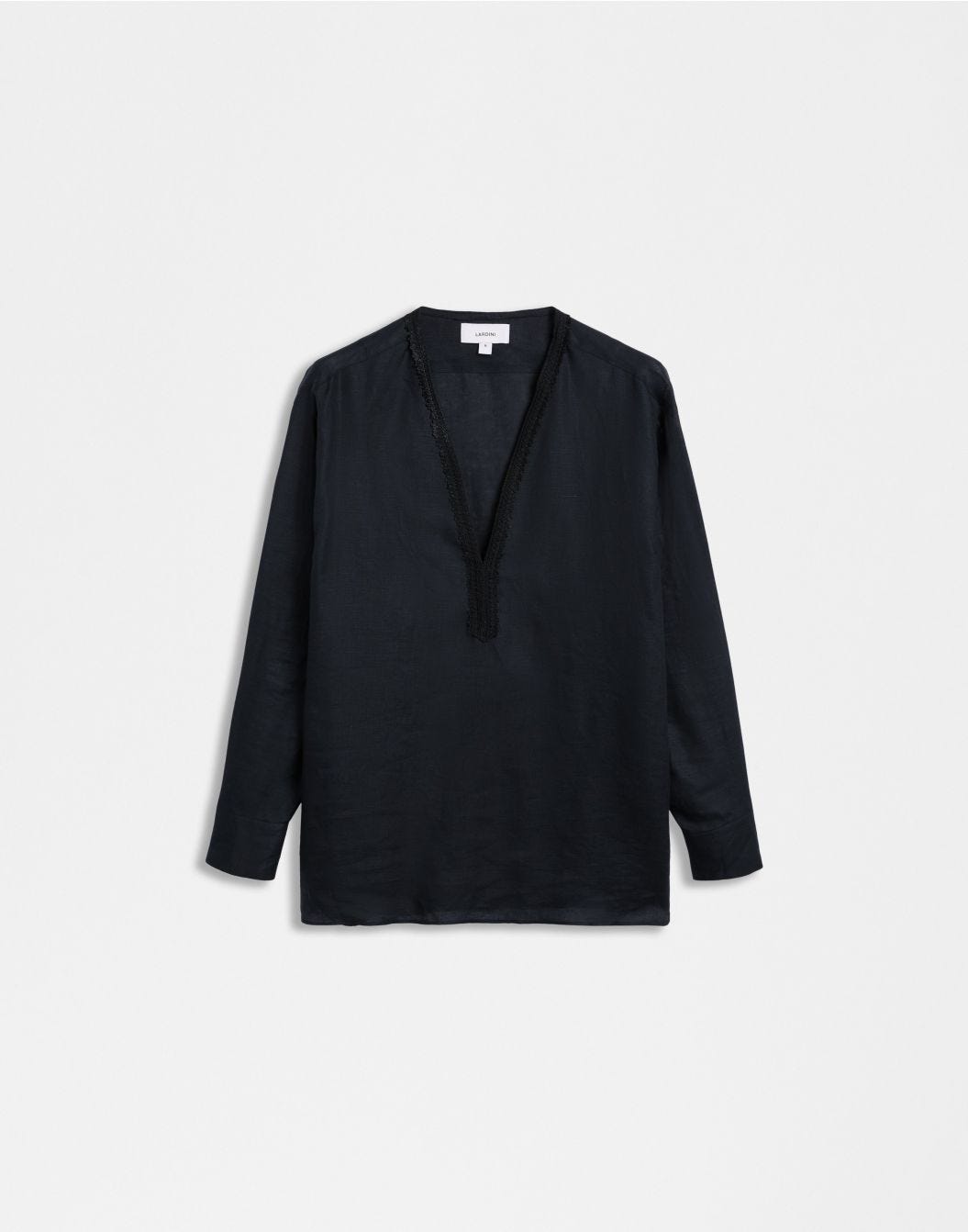 Lardini Camicia in tela di lino nera senza collo