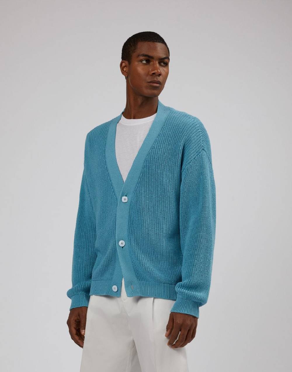 Lardini Cardigan Azzurro In Cotone Crêpe A Coste