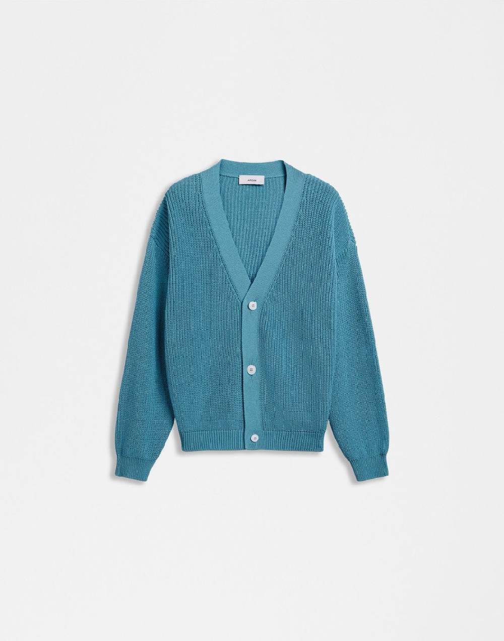 Lardini Cardigan azzurro in cotone crêpe a coste