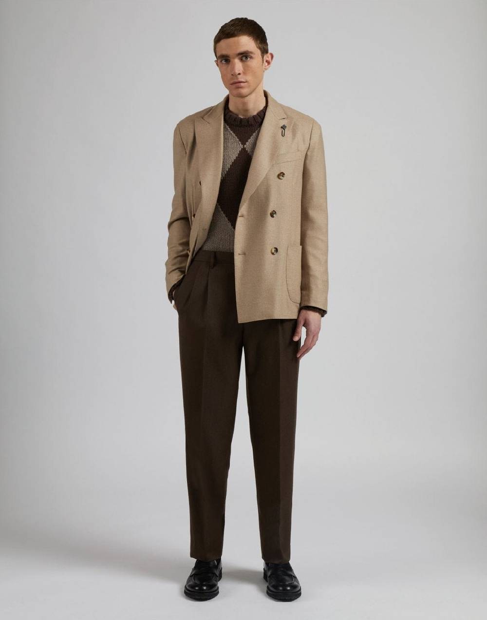 Lardini Maglia Girocollo Marrone Con Intarsio Bicolore Nocciola