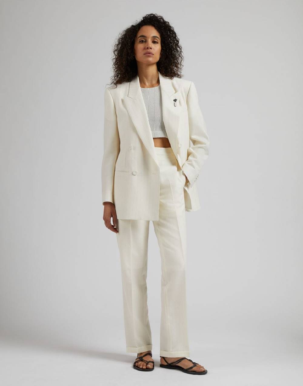 Lardini Pantalone In Tela Di Lana Gessata Lurex Bianco-argento