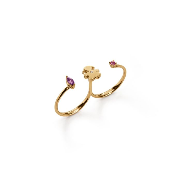Le Bebé Anello due dita Les Bonbons con sagoma bimba, in oro giallo con ametista, tormalina e diamante