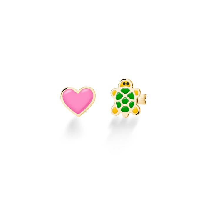 Le Bebé Orecchini Fortuna con tartaruga e cuore in oro giallo