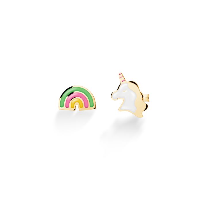 Le Bebé Orecchini Toys con unicorno e arcobaleno in oro giallo