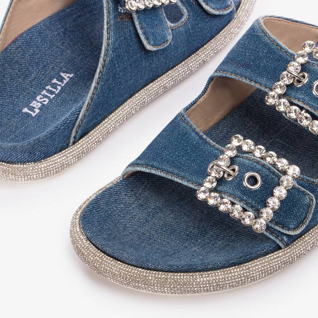 Le Silla Ciabatta Denim Blu Con Cristalli