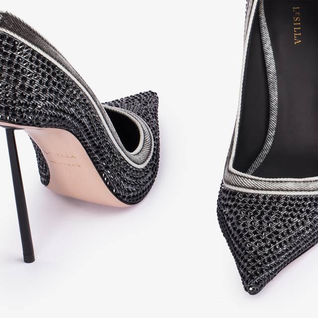 Le Silla Décolleté Gioiello Denim Nera E Cristalli