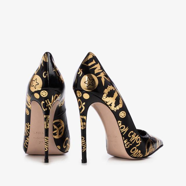 Le Silla Décolleté Vernice Nera Con Stampe Oro