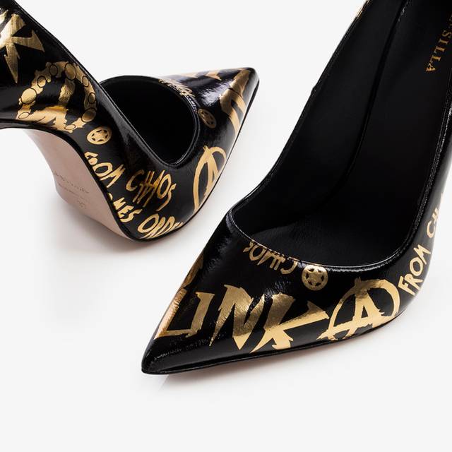 Le Silla Décolleté Vernice Nera Con Stampe Oro