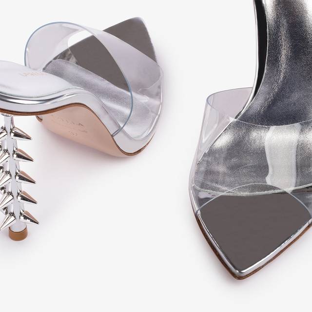 Le Silla Sandalo Mule Plexy Argento Con Borchie