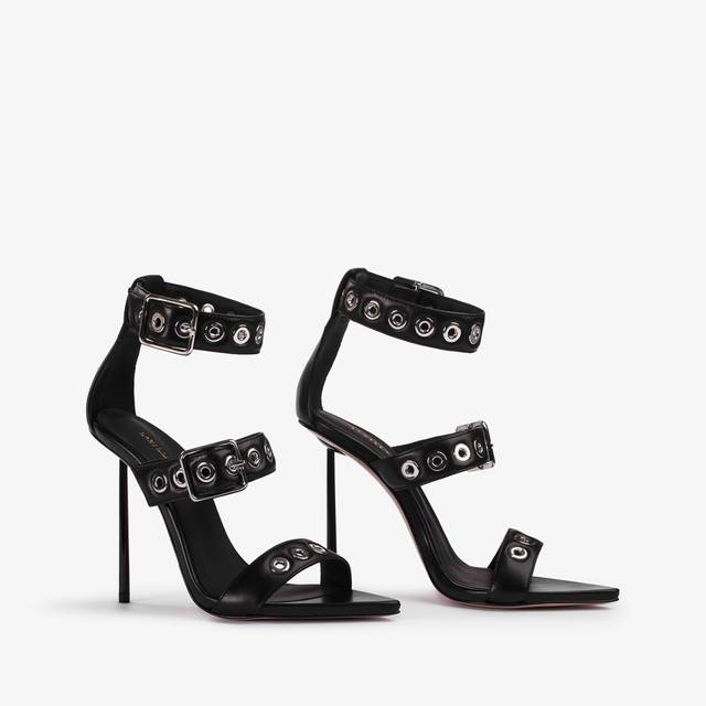 Le Silla Sandalo Pelle Nero Con Occhielli Argento