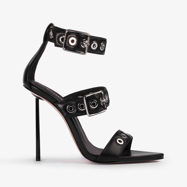 Le Silla Sandalo pelle nero con occhielli argento