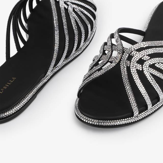 Le Silla Sandalo Raso Nero Con Cristalli Argento