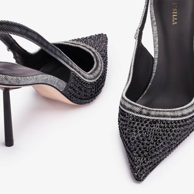 Le Silla Slingback Gioiello Denim Nera E Cristalli
