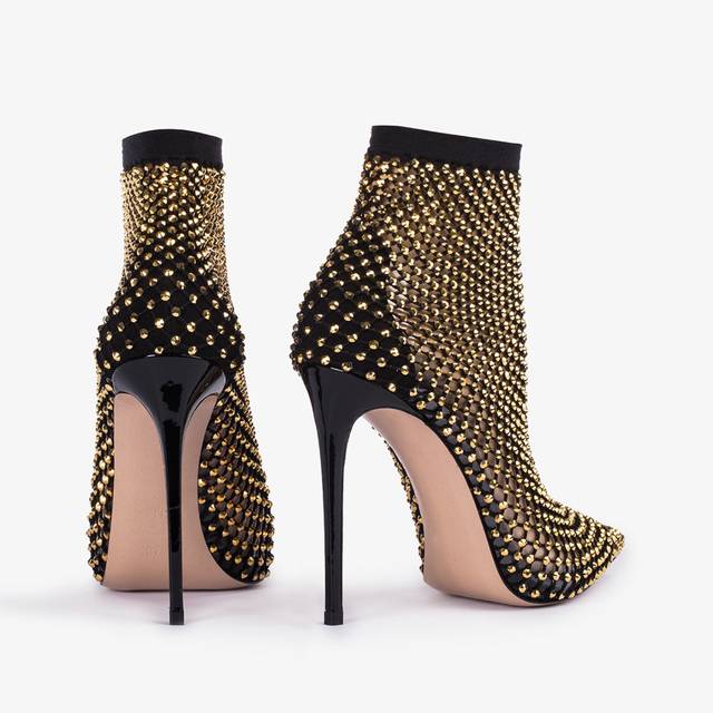 Le Silla Stivaletto Calza Nera E Cristalli Oro