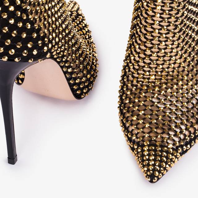 Le Silla Stivaletto Calza Nera E Cristalli Oro