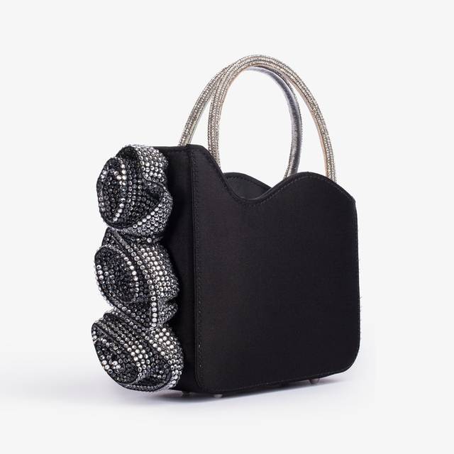 Le Silla Mini Bag Raso Nero E Cristalli Con Rose Gioiello