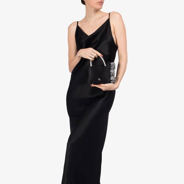 Le Silla Mini Bag Raso Nero E Cristalli Con Rose Gioiello