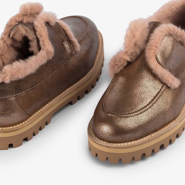 Le Silla Mocassino Pelle Laminata Effetto Vintage Mordorè Con Fodera Lapin