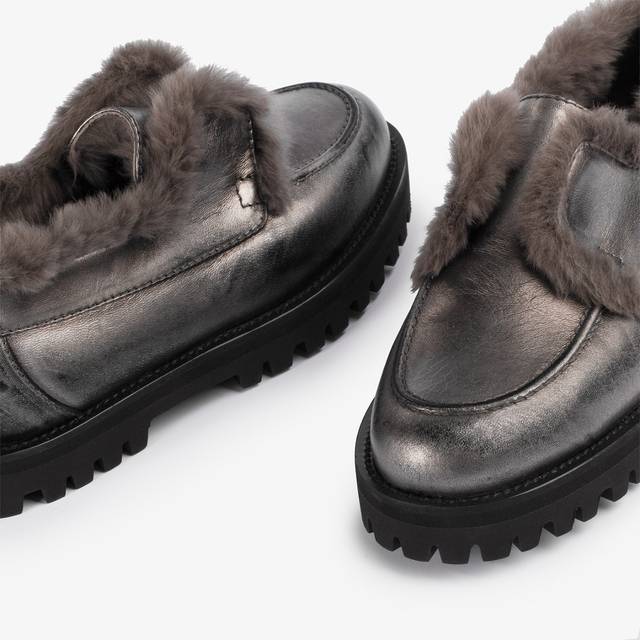 Le Silla Mocassino Pelle Laminata Effetto Vintage Peltro Con Fodera Lapin