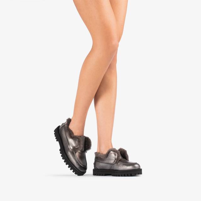 Le Silla Mocassino Pelle Laminata Effetto Vintage Peltro Con Fodera Lapin