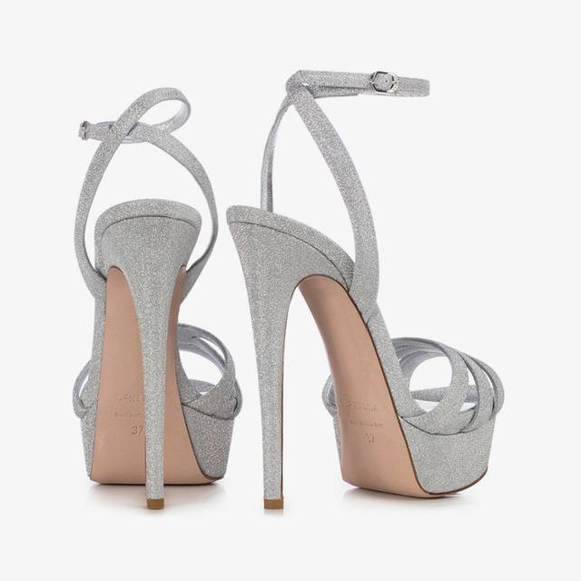 Le Silla Sandalo Con Plateau Tessuto Glitterato Argento