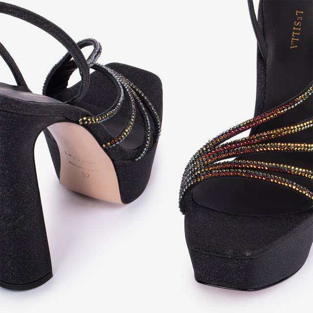 Le Silla Sandalo Gioiello Con Plateau Glitter Nero Con Cristalli Iridescenti