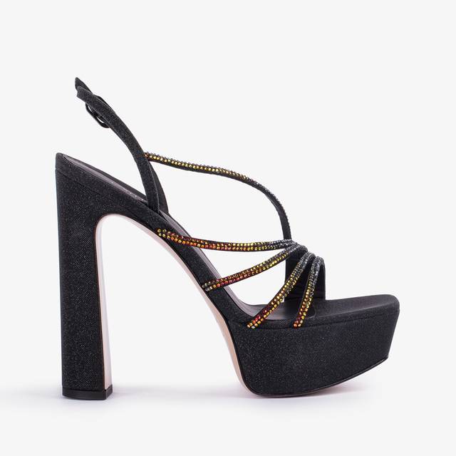 Le Silla Sandalo gioiello con plateau glitter nero con Cristalli iridescenti