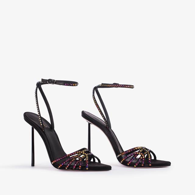 Le Silla Sandalo Gioiello Raso Nero Con Cristalli Iridescenti