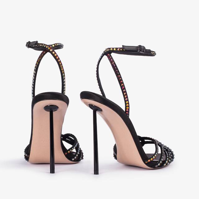 Le Silla Sandalo Gioiello Raso Nero Con Cristalli Iridescenti