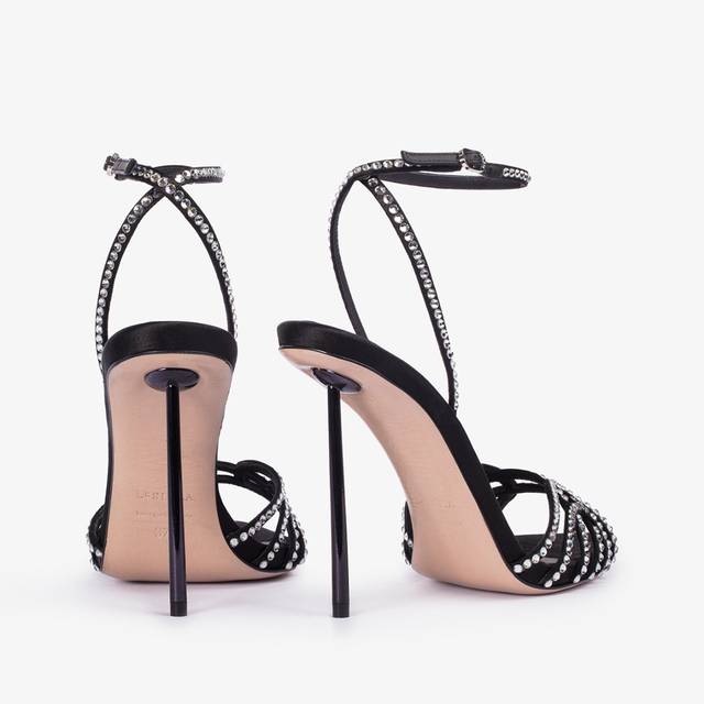 Le Silla Sandalo Gioiello Raso Nero E Cristalli Argento