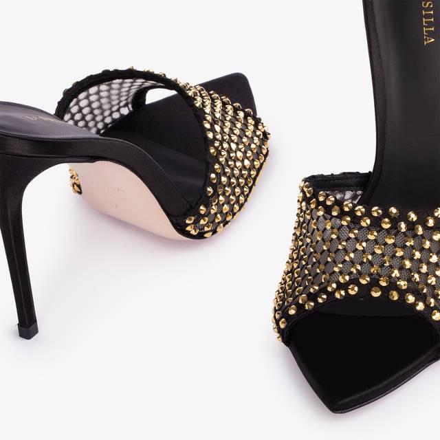 Le Silla Sandalo Gioiello Rete Nero Con Cristalli Oro