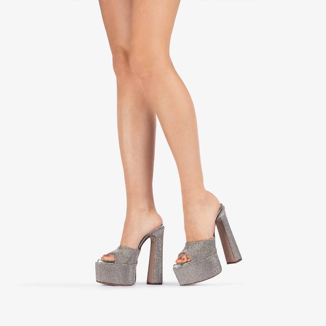 Le Silla Sandalo Mule Con Plateau Effetto Pavé Di Cristalli Argento